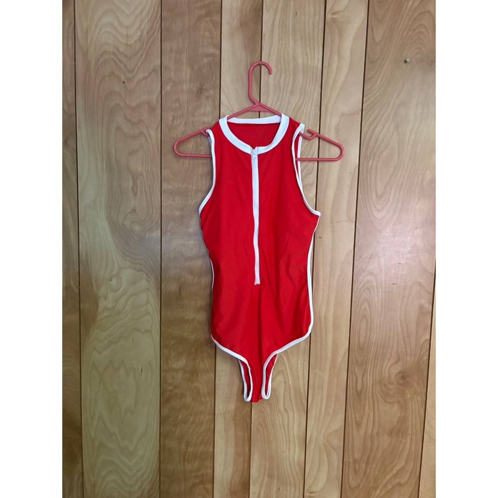 SHEIN Womens Red Sporty Zip Front High Neck One Piece Swimsuit Size M